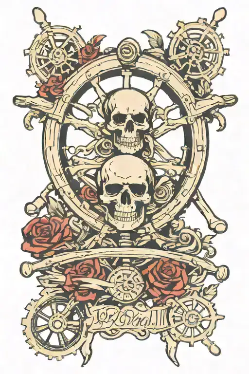 Standing Skeleton Steering Ships Wheel Surrounded