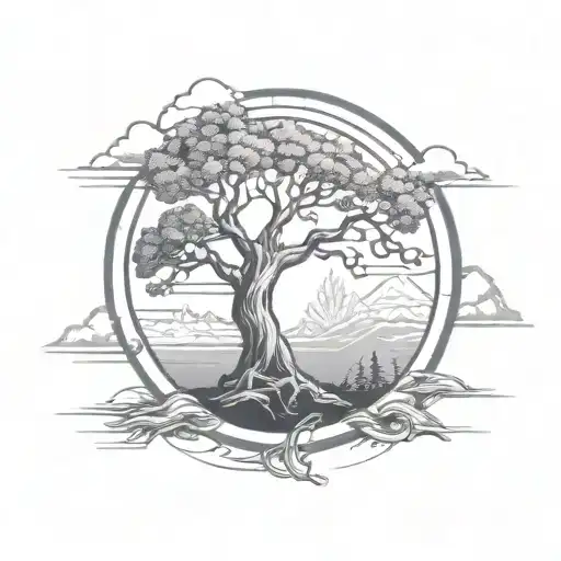 Tree Of Life In A Circle With Mountains In The Background And Shading Around The Outside