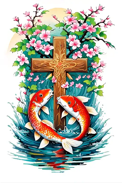 Cross Surrounded By Cherry Blossoms And Two Koi Fish Swimming Upstream