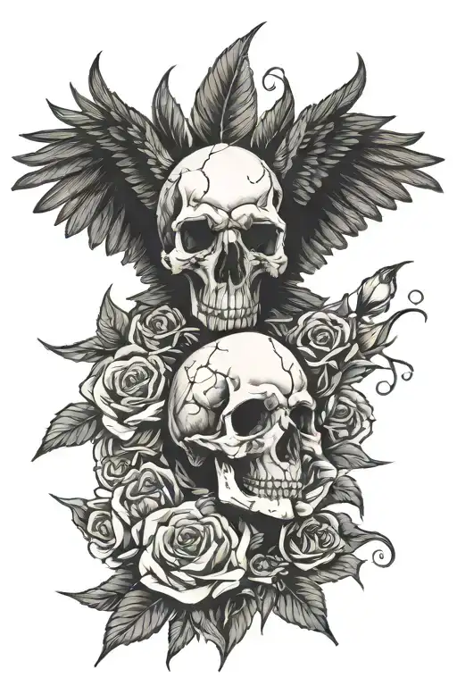 Raven Skull Roses Intertwined