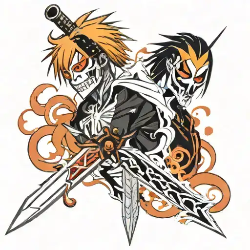 Bleach The Anime Tattoo Design With Ichigos Sword And Ichigos Mask Dangling Off The Masks Hilt
