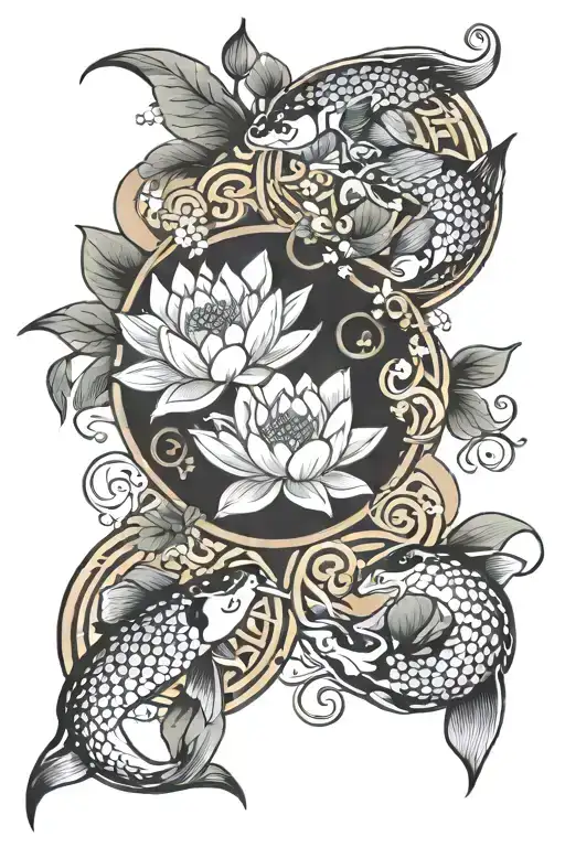 Lotus And 2 Koi Fish In Circle