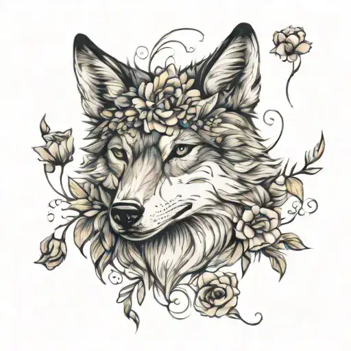 Wolf With Flowers Blooming