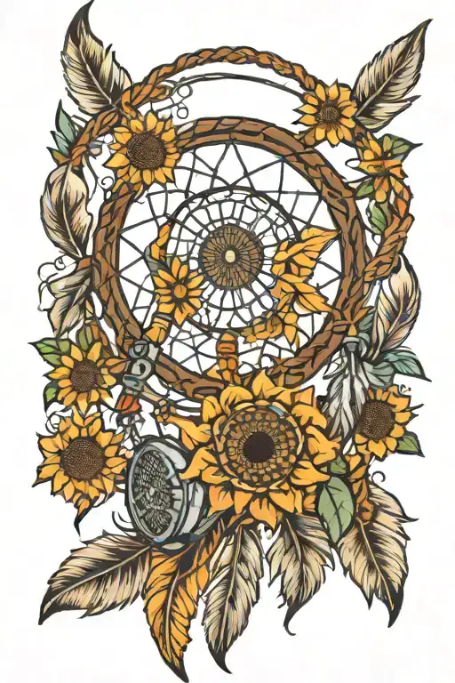 Microphone Sun Flowers In A Dream Catcher With Feathers Hanging