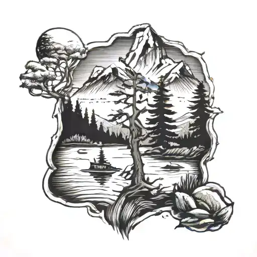 Textbook And Tree And Mountain And Lake