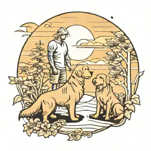 Family With One Daughter And A Golden Retriever Looking To Sunset