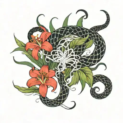 Red Spider Lilies Encased With A Snake Coiled