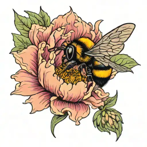 Peony And Bumble Bee Flying