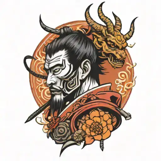 Side View Samurai With Oni Mask Surrounded