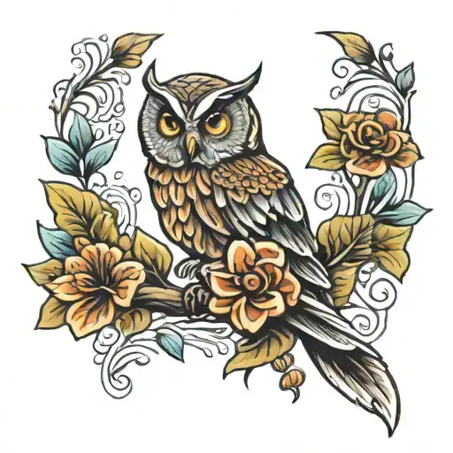 Fan Flower Tattoo With Owl Perched