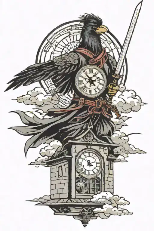 Clock Tower Japanese Warrior Wielding A Sword Raven Flying Through The Sky