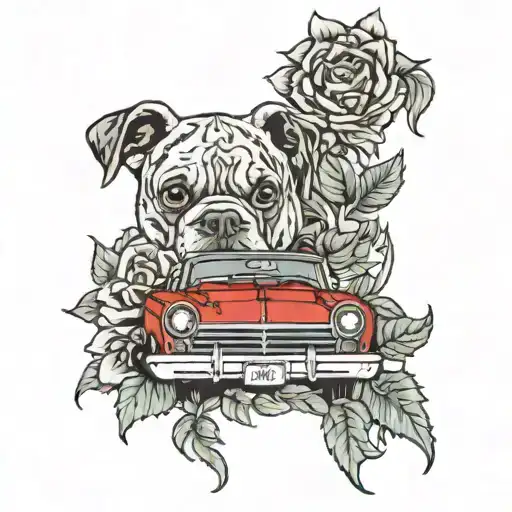 Red 67 Nova Car And Boxer Docked Tail Floppy Ears With Roses And Sunflowers