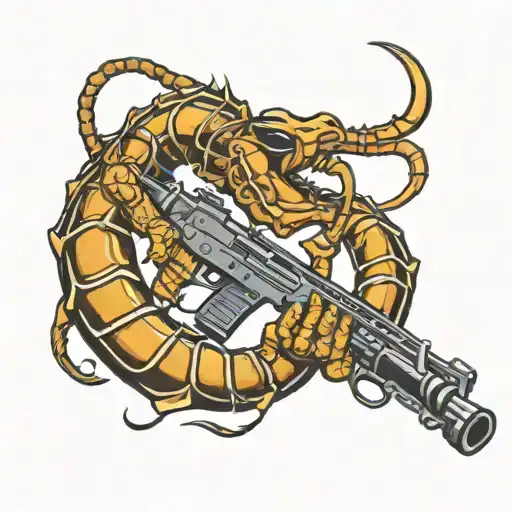 Arm With Scorpion Tattoo Holding Rifle Intertwined