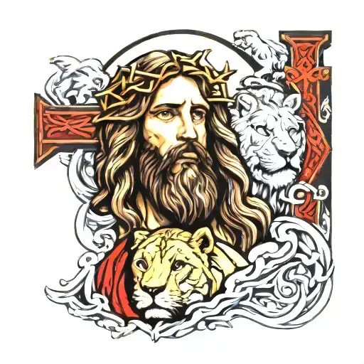 Jesus With A Lion And Cross Design
