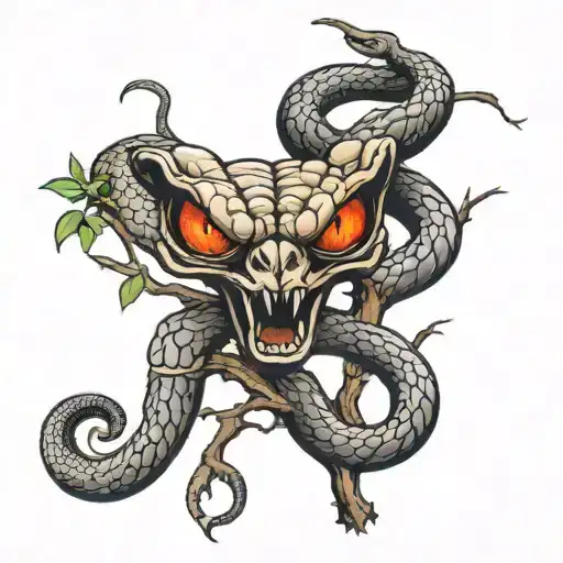 Cobra With Red Eyes Wrapped Around A Dead Tree Branch Tall