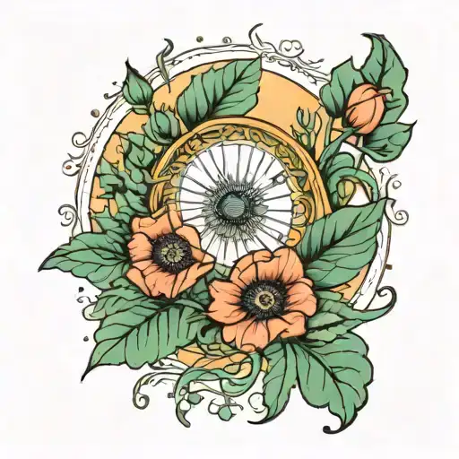 Leaves With Poppy Flowers Around The Sun Tarrot Card