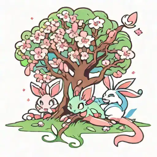 Sylveon & Ralts Laying Under A Cherry Blossom Tree