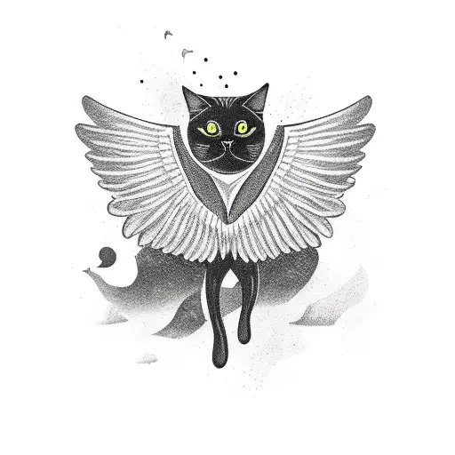 Full Body Of A Black Cat With Wings