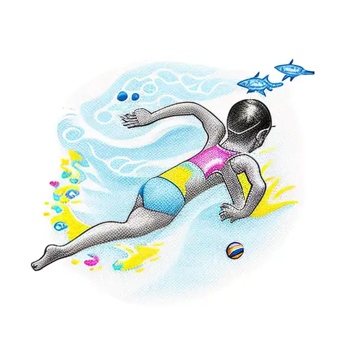 A Playful New-school Tattoo Of Your Children Swimming At The Beach