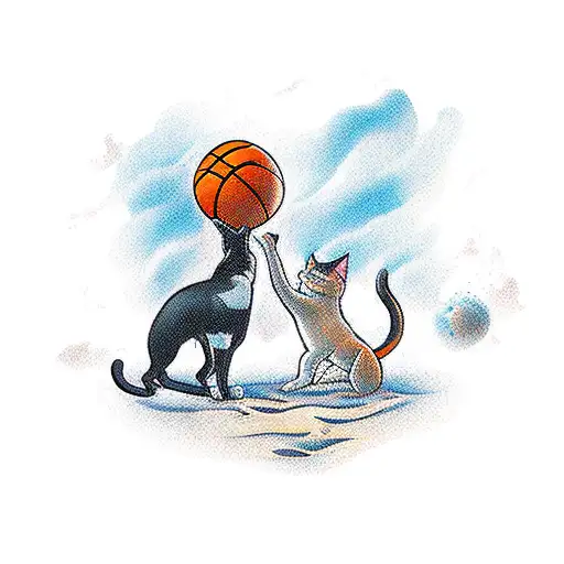 A Cat And Dog Playing Basketball On The Beach