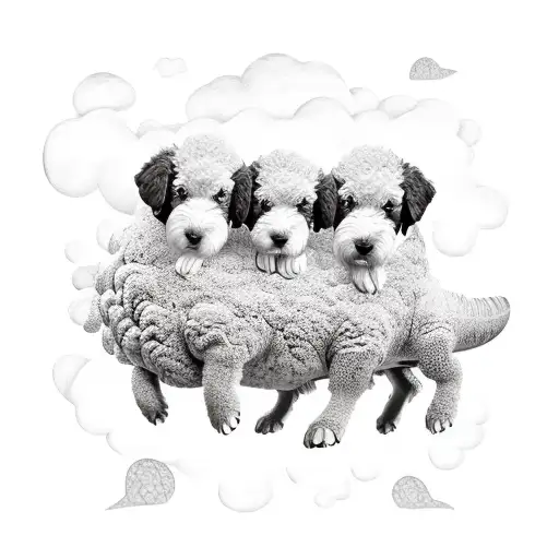 A Realistic Tattoo Of Your Three Kids Riding On The Back Of A Sheepadoodle-dinosaur Hybrid