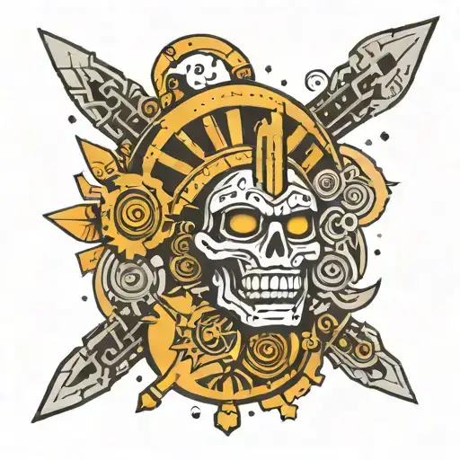A Rock And Metal Themed Tattoo With Aztec Motifs And Cosmic Elements Intertwined