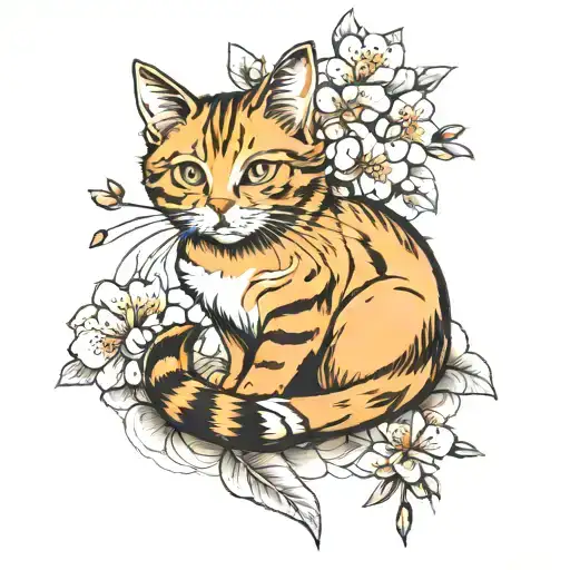 A Realistic Portrait Of A Cat In A New-school Style Surrounded By Japanese Cherry Blossoms
