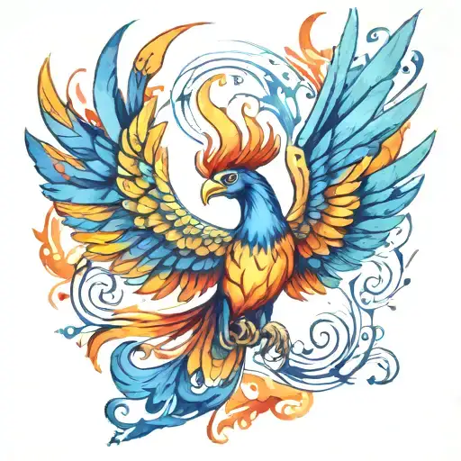 A Watercolor Painting Of A Phoenix In Flight With Vibrant Colors