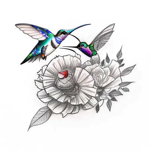 A Sketch-style Tattoo Of A Robotic Hummingbird Flying Among Flowers