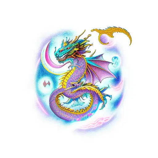 A Cosmic Dragon Surrounded By Feminine Symbols And Lyrics From A Favorite Song