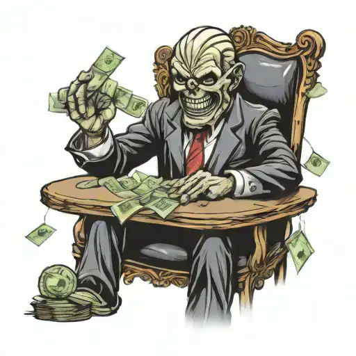 A Cfo Counting Money With Iron Maiden's Eddie Mascot In The Background In A New-school Style