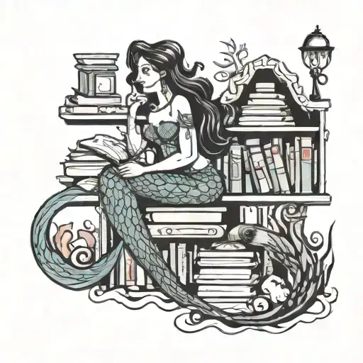 A Librarian Mermaid Swimming Among Bookshelves Filled With Ocean-themed Books