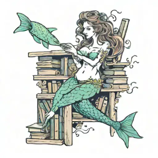 A Librarian Mermaid Swimming Among Bookshelves Filled With Ocean-themed Books