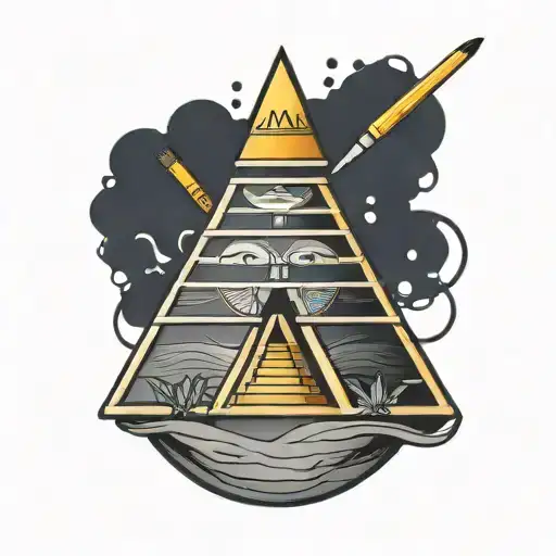 A Tattoo Of A Paint Palette With Brushes And Pencils In The Shape Of An Egyptian Pyramid
