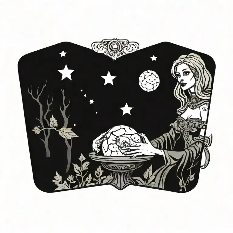A Tarot Card Featuring A Witch With A Magical Crystal Ball In A Dark Forest