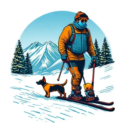 Mountain Path With A Ski Stick And A Small Dog