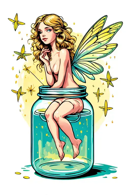 Fairy Sitting On Open Jar With Fireflies Morphing Into Stars