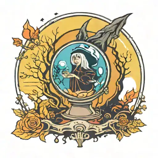 A Tarot Card Featuring A Witch With A Magical Crystal Ball In A Dark Forest