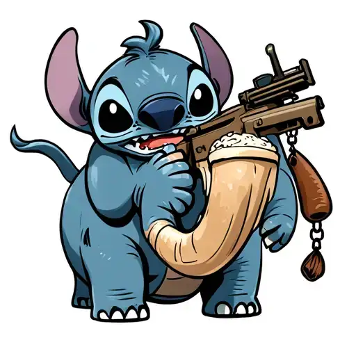 Stitch From Lilo And Stitch Drinking Boba Riding An Elephant With An M4 Hanging On Its Tusk