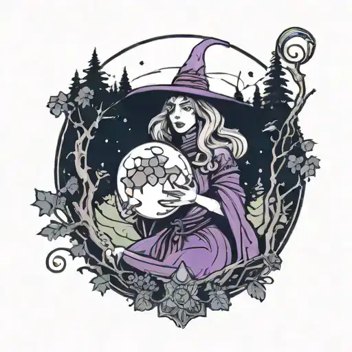 A Tarot Card Featuring A Witch With A Magical Crystal Ball In A Dark Forest