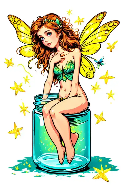Fairy Sitting On Open Jar With Fireflies Morphing Into Stars