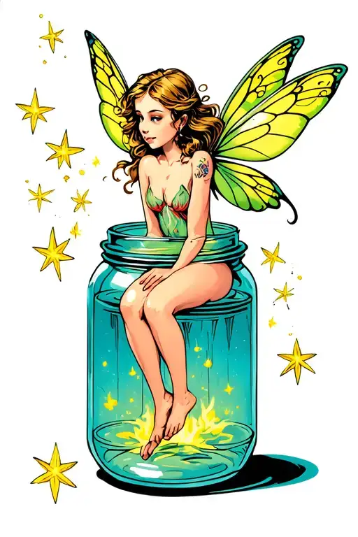 Fairy Sitting On Tipped Over Open Jar With Fireflies Morphing Into Stars