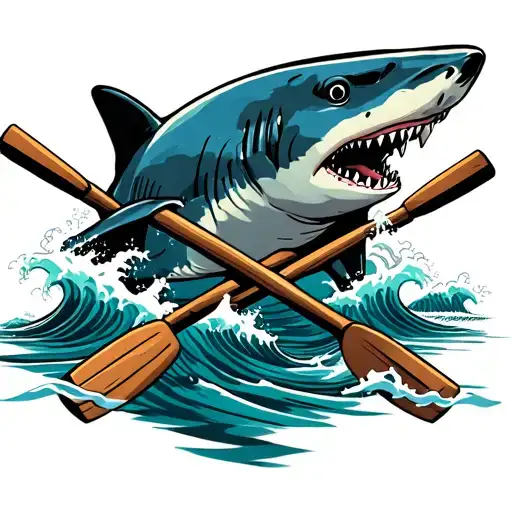 Shark In Front Of Crossed Rowing Oars With Waves Flowing