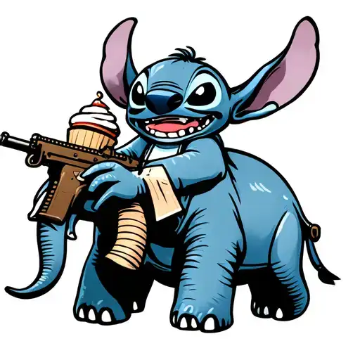 Stitch From Lilo And Stitch Drinking Boba Riding An Elephant With An M4 Hanging On Its Tusk