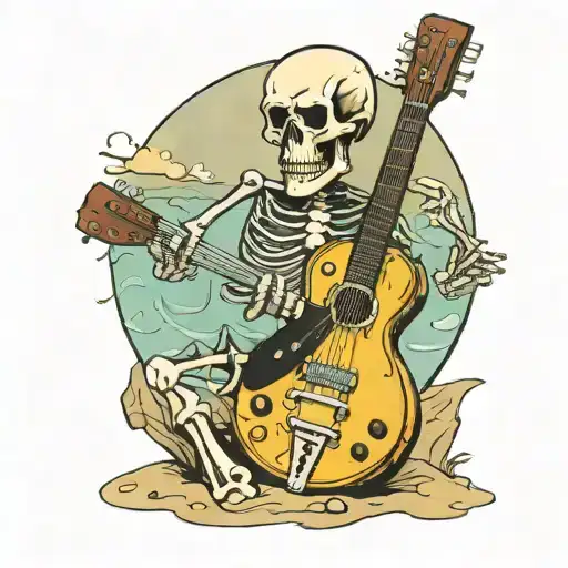 Skeleton Playing Electric Gibson Les Paul Guitar On The Beach With No Clothes