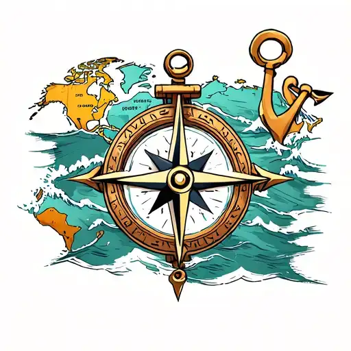 Compass And Anchor On Map With Waves Crashing