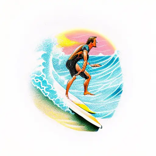 A Surfer Riding A Giant Wave With A Sunset In The Background