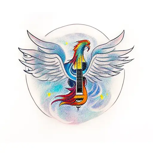 A Tattoo Of A Phoenix Playing A Guitar In A Serene Outdoor Setting