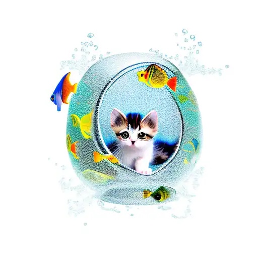 Kitten With Paw In A Fishbowl With Fish