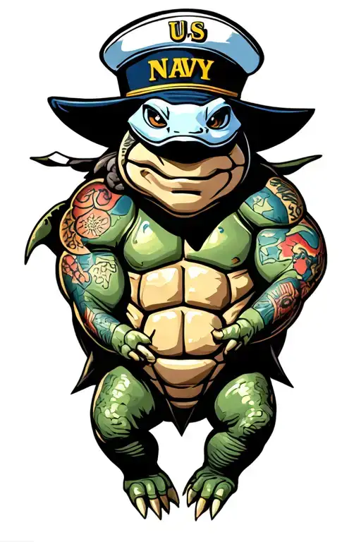 Muscular Turtle With Us Navy Tattoos Wearing Us Navy Dixie Cup Hat
